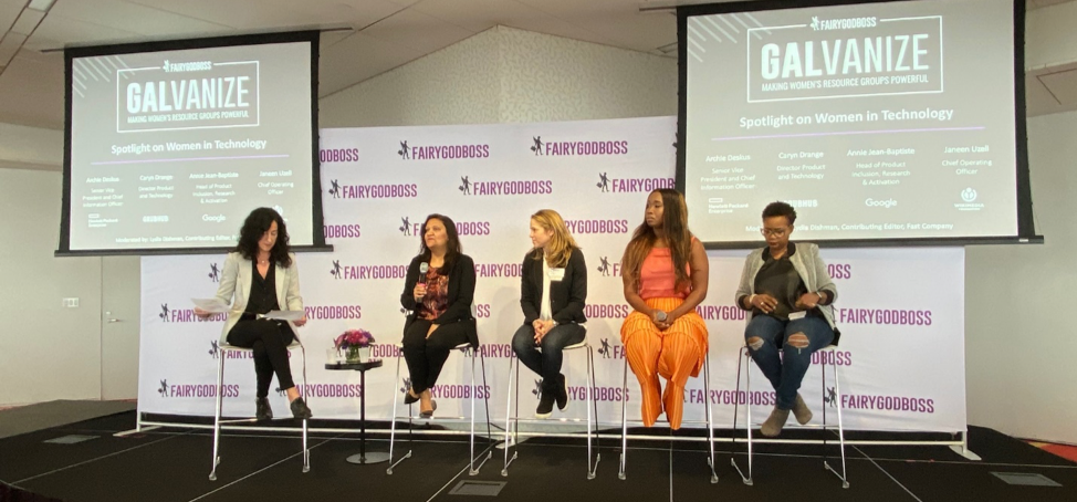 From Left to right: Moderator: Lydia Dishman, Fast Company | Archie Deskus, SVP and CIO, HPE | Anne Jean-Baptiste - Head of Product Inclusion, Research & Activation, Google | Caryn Drange, Director Product and Technology, Grubhub | Janeen Uzell - COO, Wikimedia Foundation