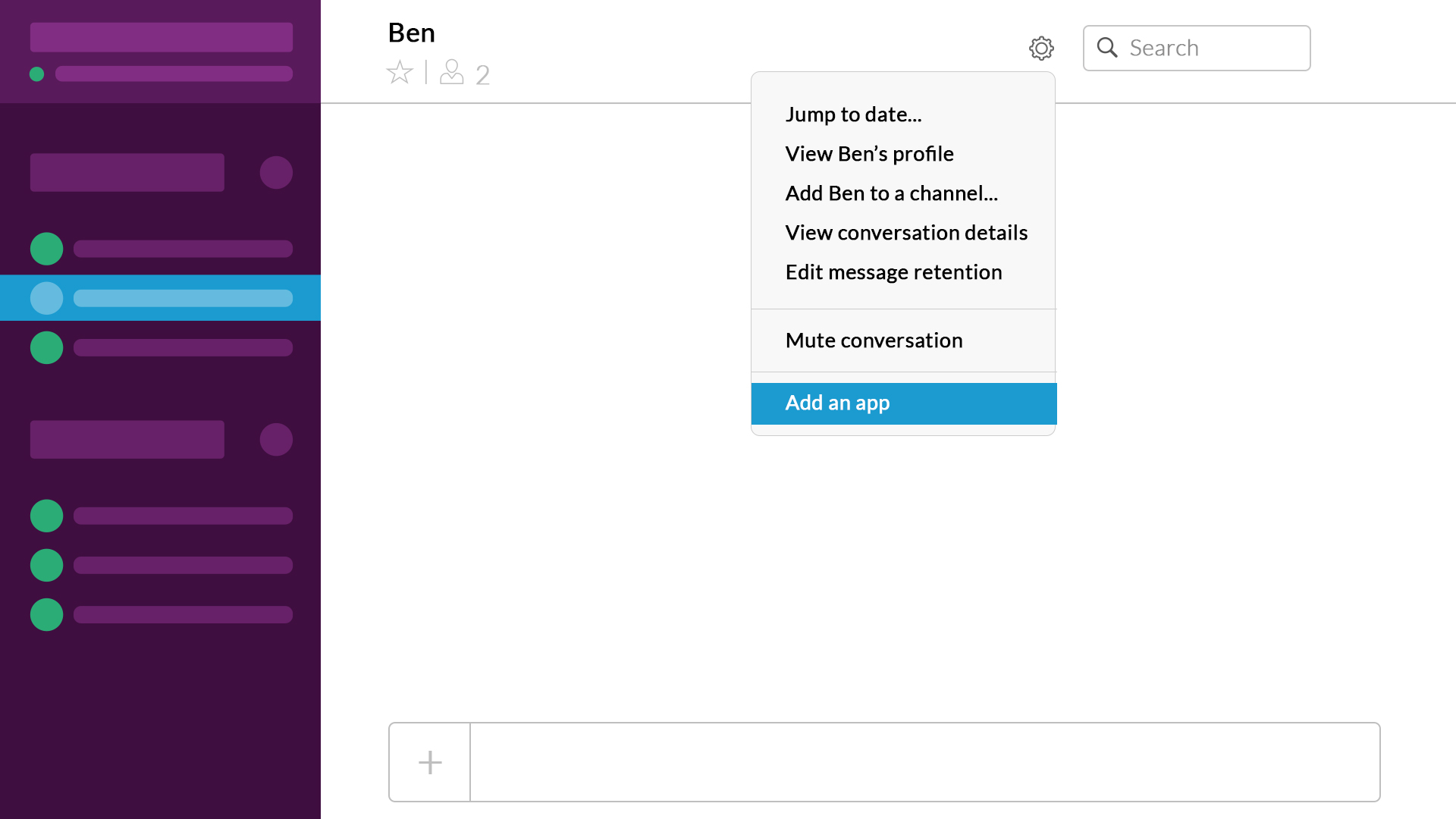 Image of the Slack app, with "Conversation Settings" open and "Add App" selected.