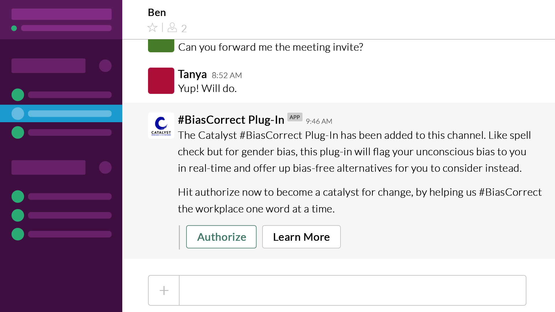 Image of Slack App with a welcome message from the #BiasCorrect plug-in once it has successfully been added to a Slack channel.