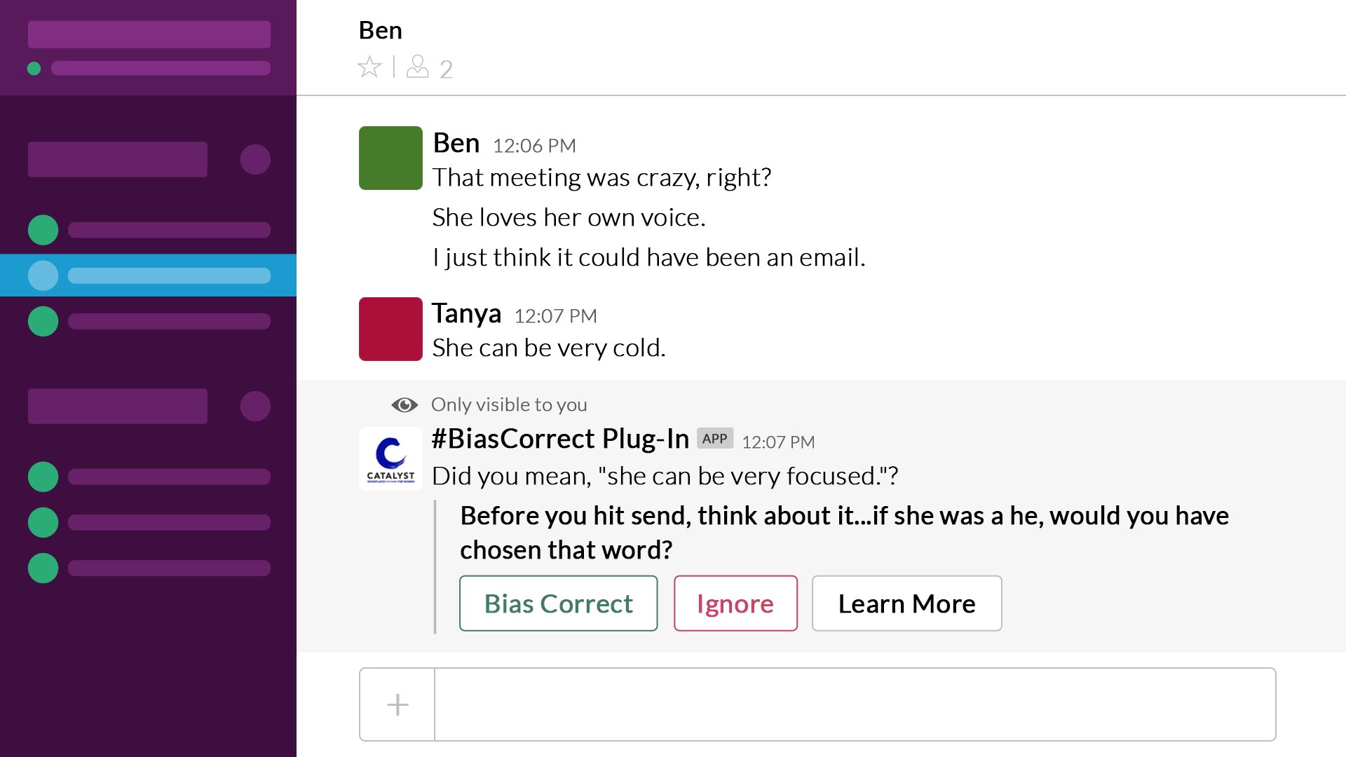 Image of the Slack app with the #BiasCorrect plug-in actively working.