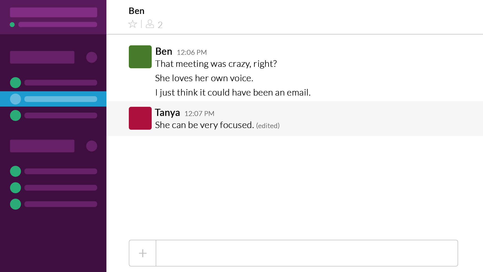 Image showing a conversation in Slack with a message that has been edited by the #BiasCorrect plug-in.