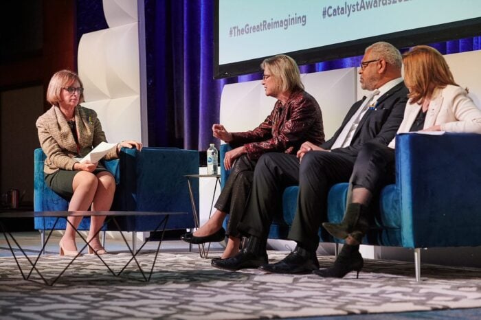 From left: Lorraine Hariton, Catalyst President & CEO; Maggie Wilderotter, Chairman & CEO, Grand Reserve Inn; Arnold Donald, CEO, Carnival; and Sophie Bellon, Chairwoman and CEO, Sodexo 
