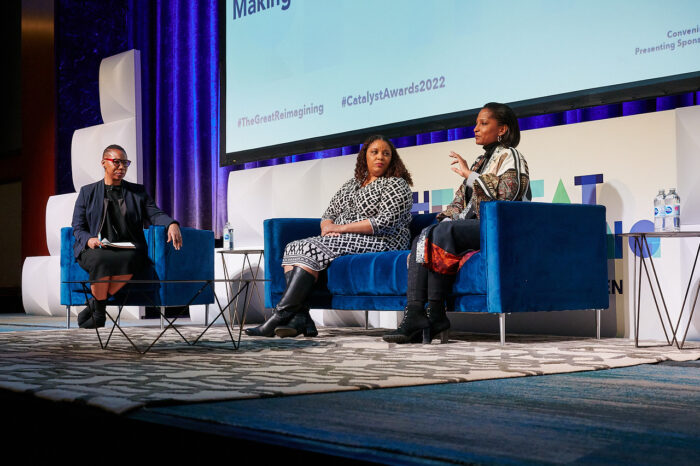 From left: Naomi Patton, Vice President, Global Communications, Catalyst; Jill White, Head of Strategy and Operations for LEAD (Leading through Equity and Diversity), Google; Adrianne Smith, SVP and Senior Partner, Chief Diversity and Inclusion Officer, FleishmanHillard
