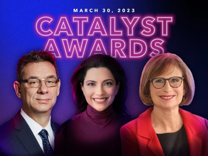 a graphic with three headshots from left to right of Albert Bourla, Reshma Saujani, and Lorraine Hariton, there is a dark blue and purple background illuminating them and the words Catalyst Awards in neon pink letters in the background, with the date March 30, 2022 in white at the top of the event title