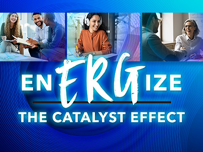 enERGize blue image featuring multiple groups of people talking to each other 